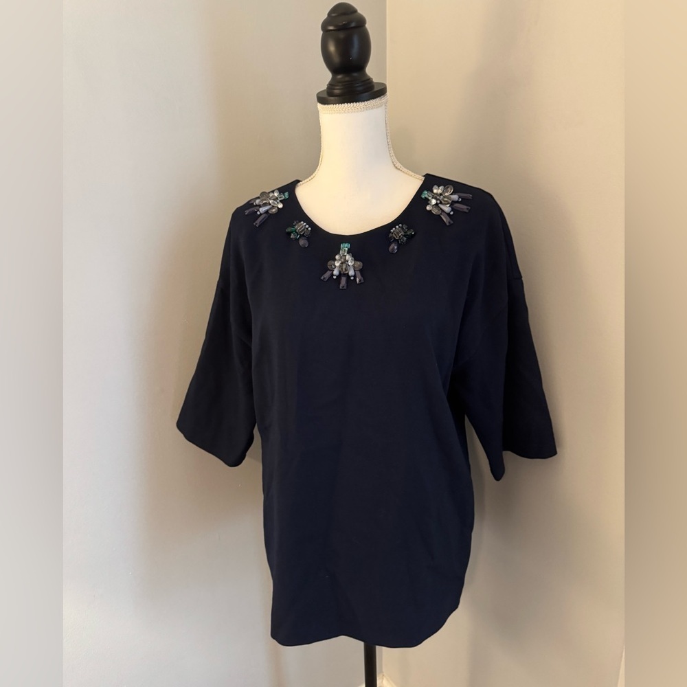 Boden Wow Jewelled top with 3/4 sleeve, Size 10. Navy blue